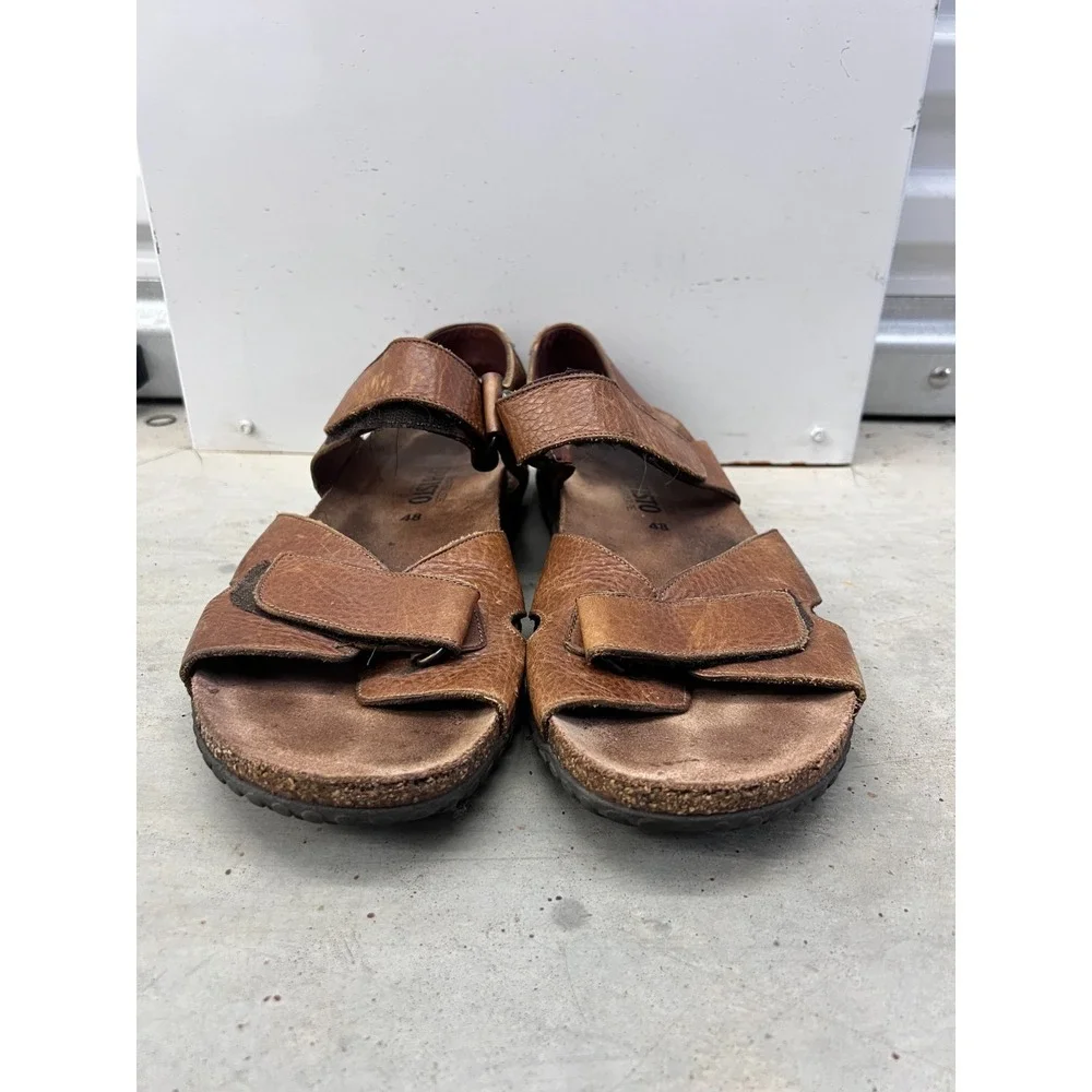 Mephisto Sandals Mens EU 48 Chestnut Leather Open Toe Hook & Loop Ankle Strap